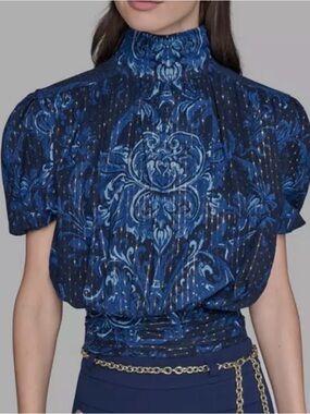 NWT Karl Lagerfeld Paris Women’s metallic printed Puff-Sleeve Top, small.